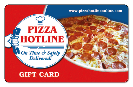 pizza hotline logo on a red background with a picture of pizza